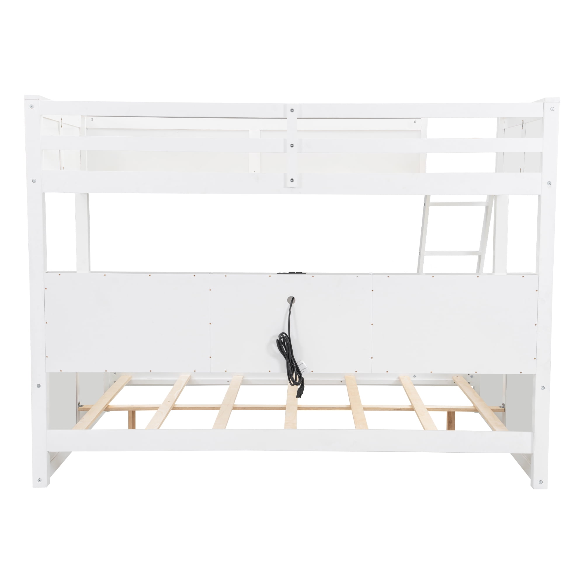 Twin XL over Queen Bunk Bed, Solid Pine Wood Bunk Bed with Built-in Storage Cabinets, Charging Station, Ladder,Safety Guardrails, No squeaking for Teens & Adults