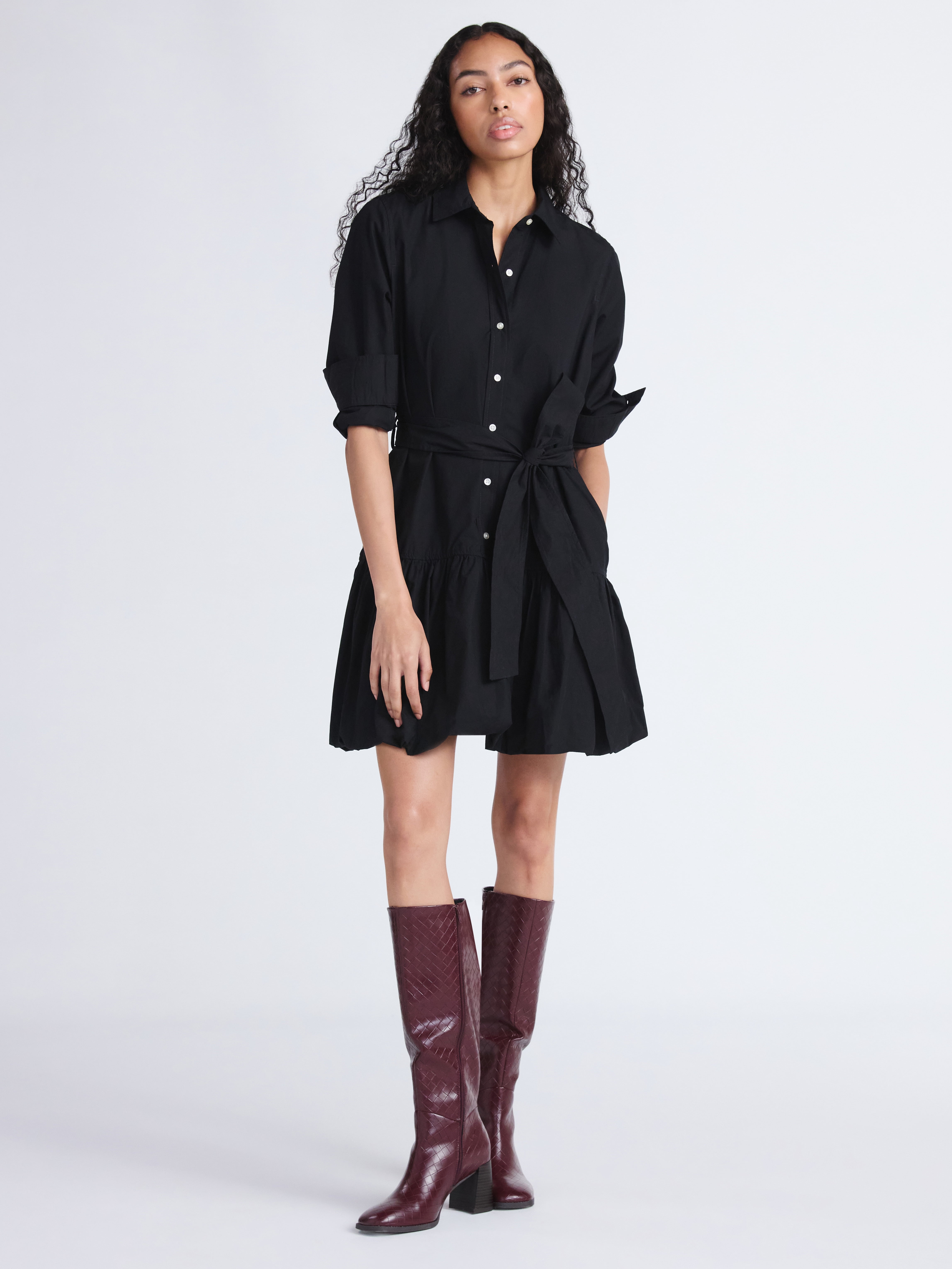 Free Assembly Women's Belted Bubble Hem Cotton Mini Dress with Long Sleeves, Sizes XS-XXL