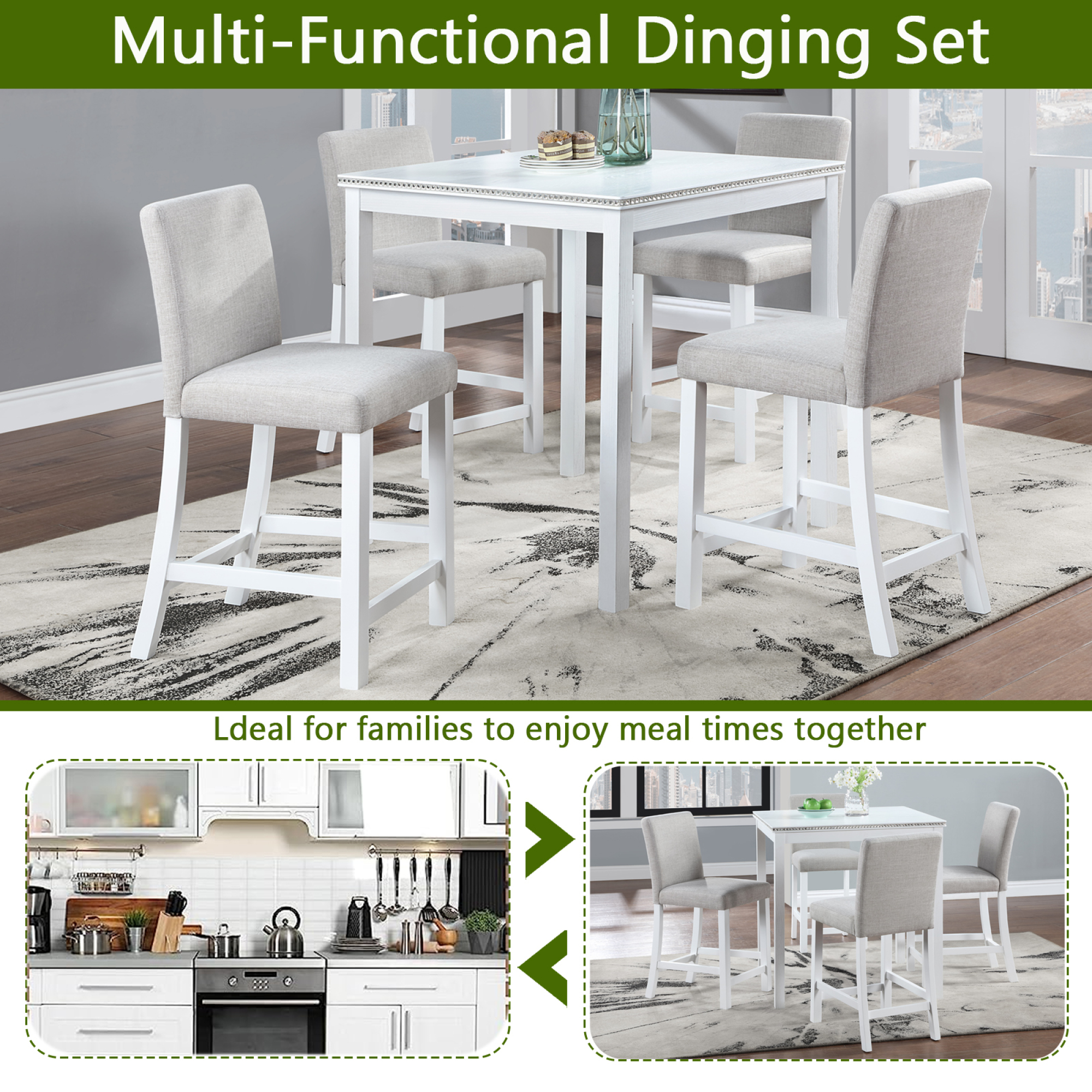 Leumius 5 Pieces Dining Table Set,Counter Height Table Set with Square Table and 4 Upholstered Chairs,Wooden Kitchen Table Set for Kitchen, Dining Room,Light Gray+White