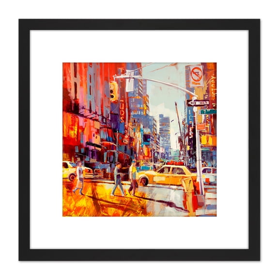 Voka New York 7th Avenue Acrylic Painting 8X8 Inch Square Wooden Framed Wall Art Print Picture with Mount
