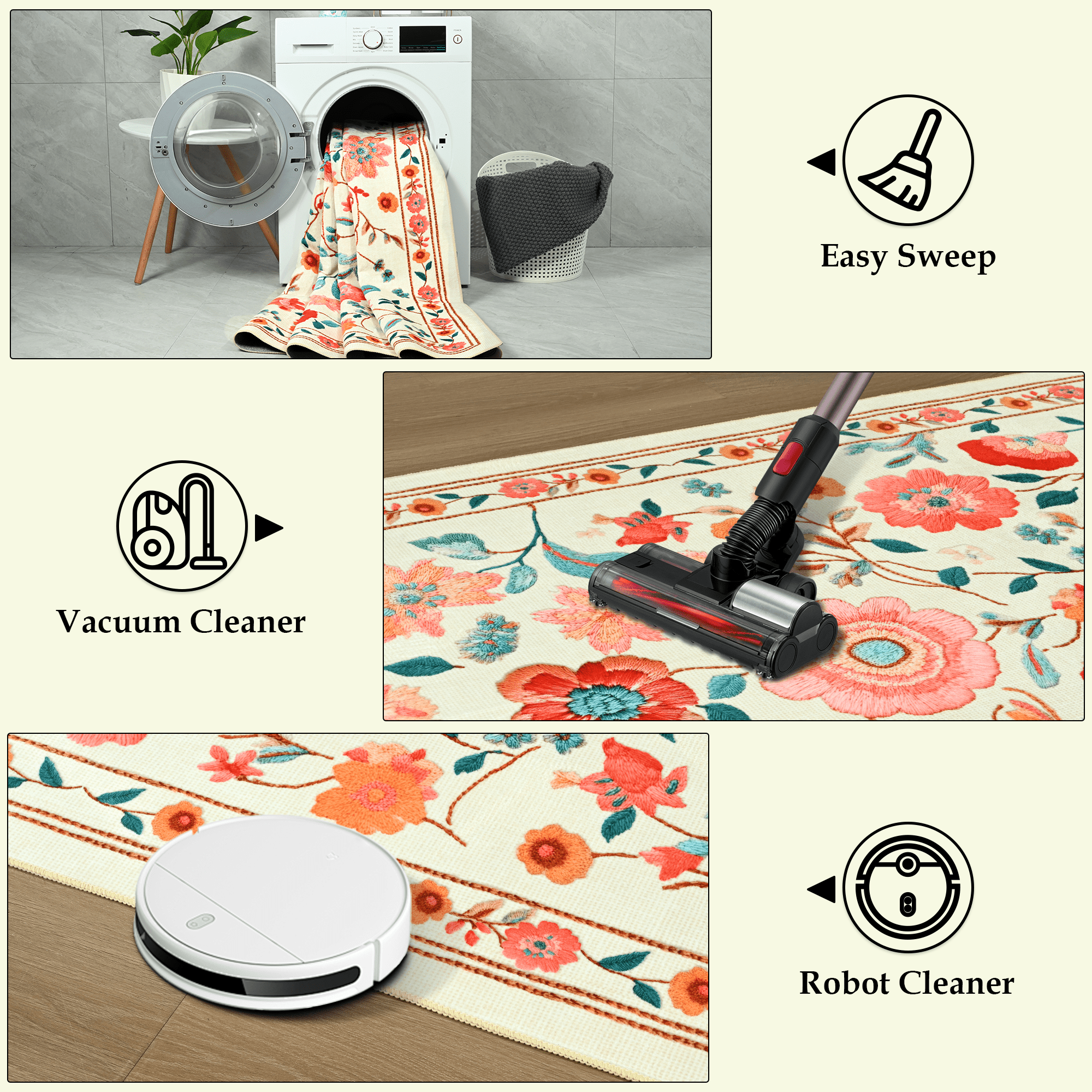 Wondo 8x10 ft Beige Washable Area Rug - Low Pile Non-Slip Bohemian Floral Design for Bedroom, Living Room, Dining Room, Office & Kids Room