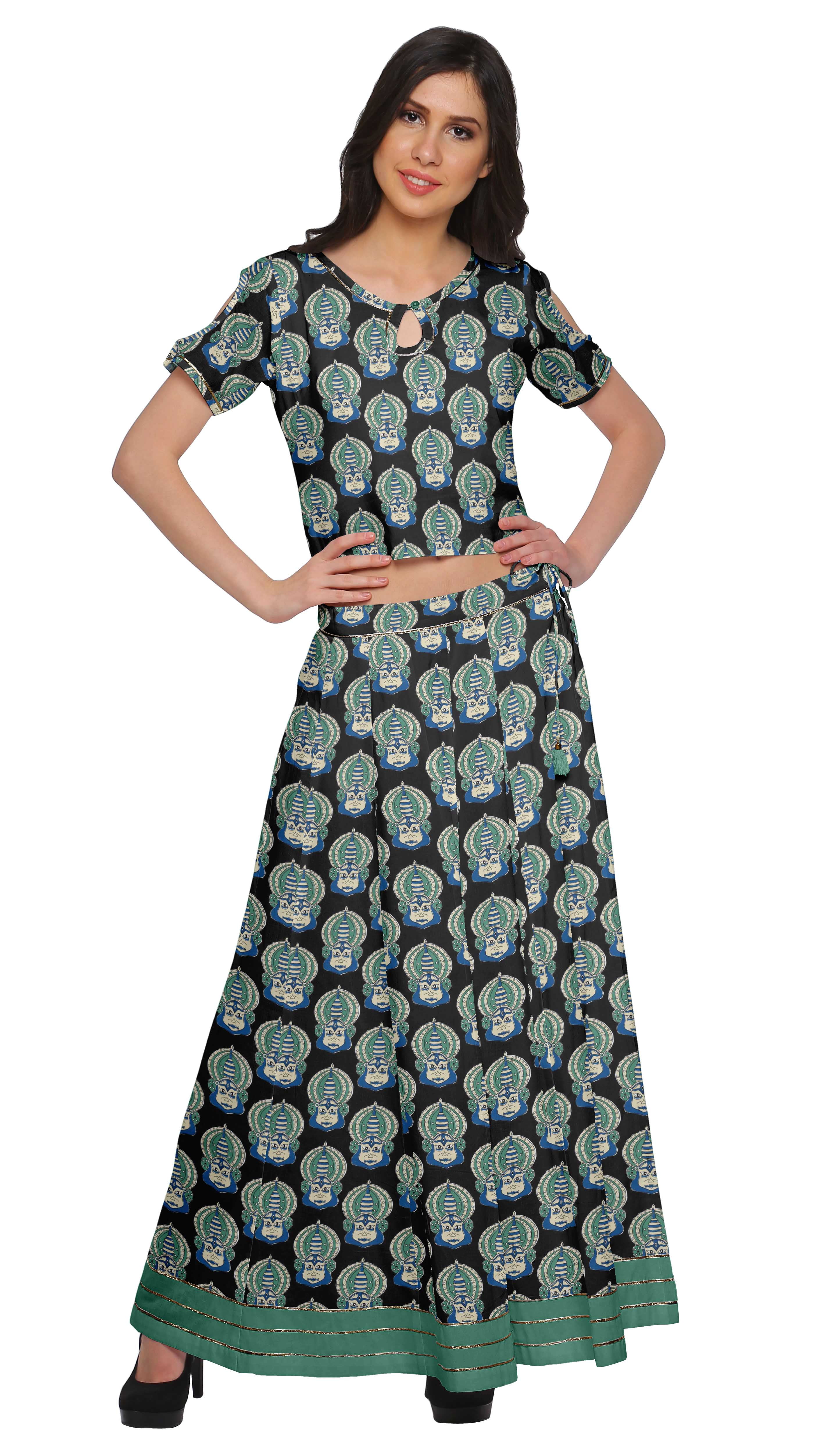 Moomaya Two Piece Maxi Skirt And Crop Top Printed Cotton Ethnic Set For