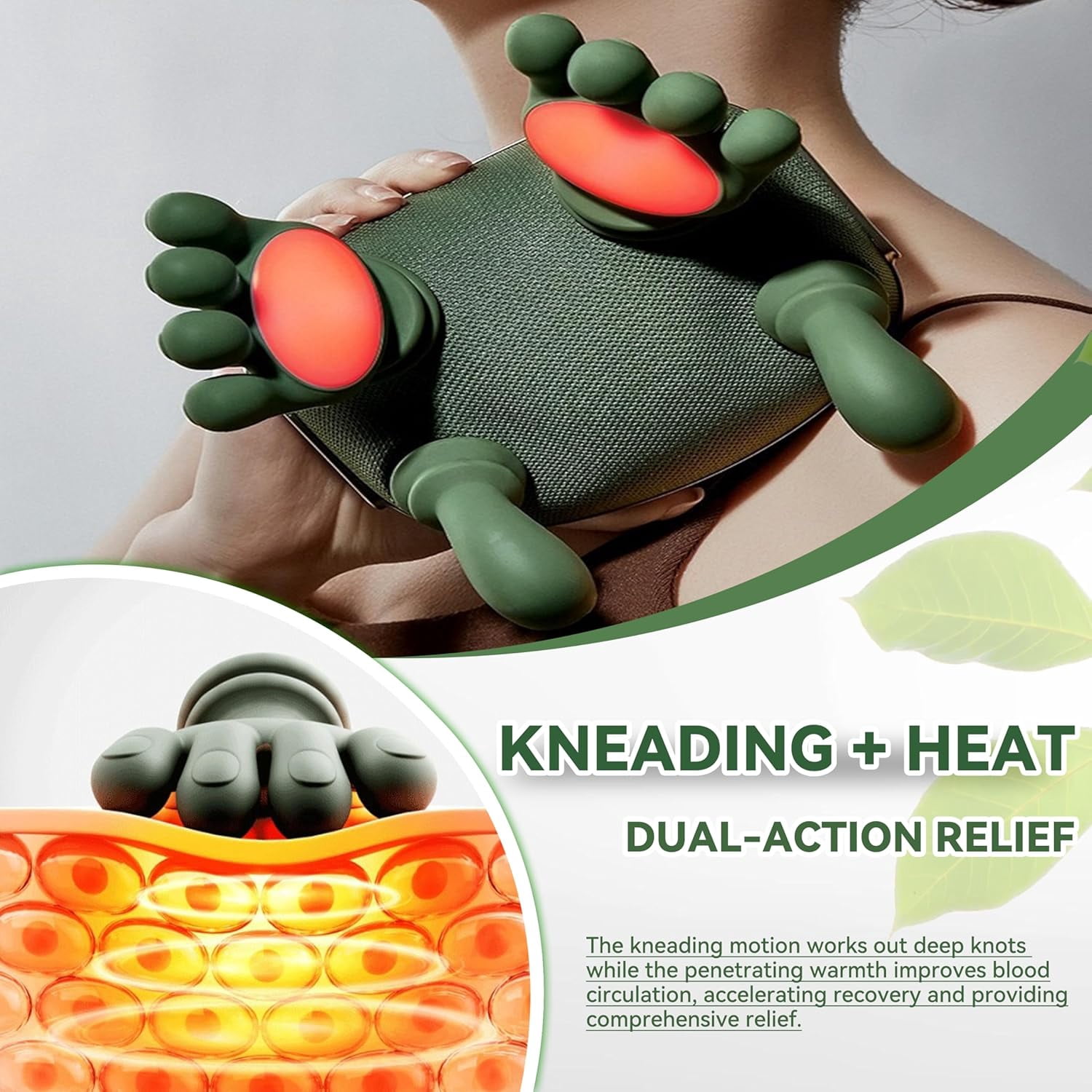 Neck Massager with Fingers Heat, Bionic Heated Shiatsu Massager for Neck Shoulder Pain Relief & Muscle Relaxation, Portable Body Massager (Green)