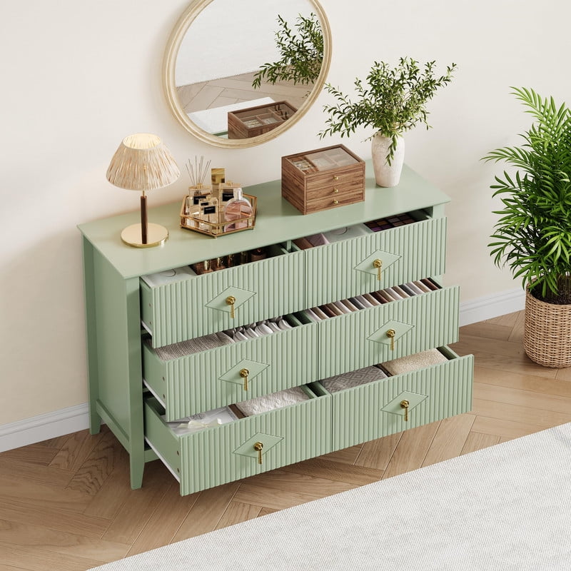TROPOW Fluted 6 Drawers Dresser for Bedroom, 47.2" Wide Modern Chest of Drawers with Metal Handle, Wooden Dresser Organizer for Bedroom, Living Room, Hallway, Entryway