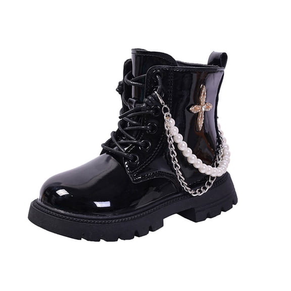 Girls Lace Up Ankle Boots Toddler Mid Calf Combat Booties with Pearl Metal Decoration Fashion Patent Leather Short Riding Boots Black Size 1 Big Kids