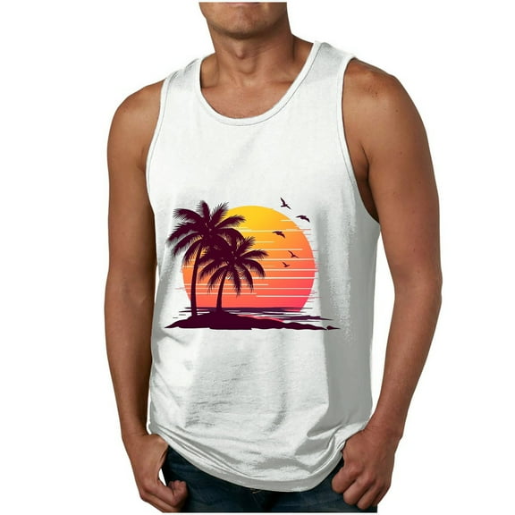 WMTBSRSW Men Tank Tops Graphic Palm Tree Print Round Neck Sleeveless Fit Basic T Shirts Hawaiian Summer Beach Loose Shirts