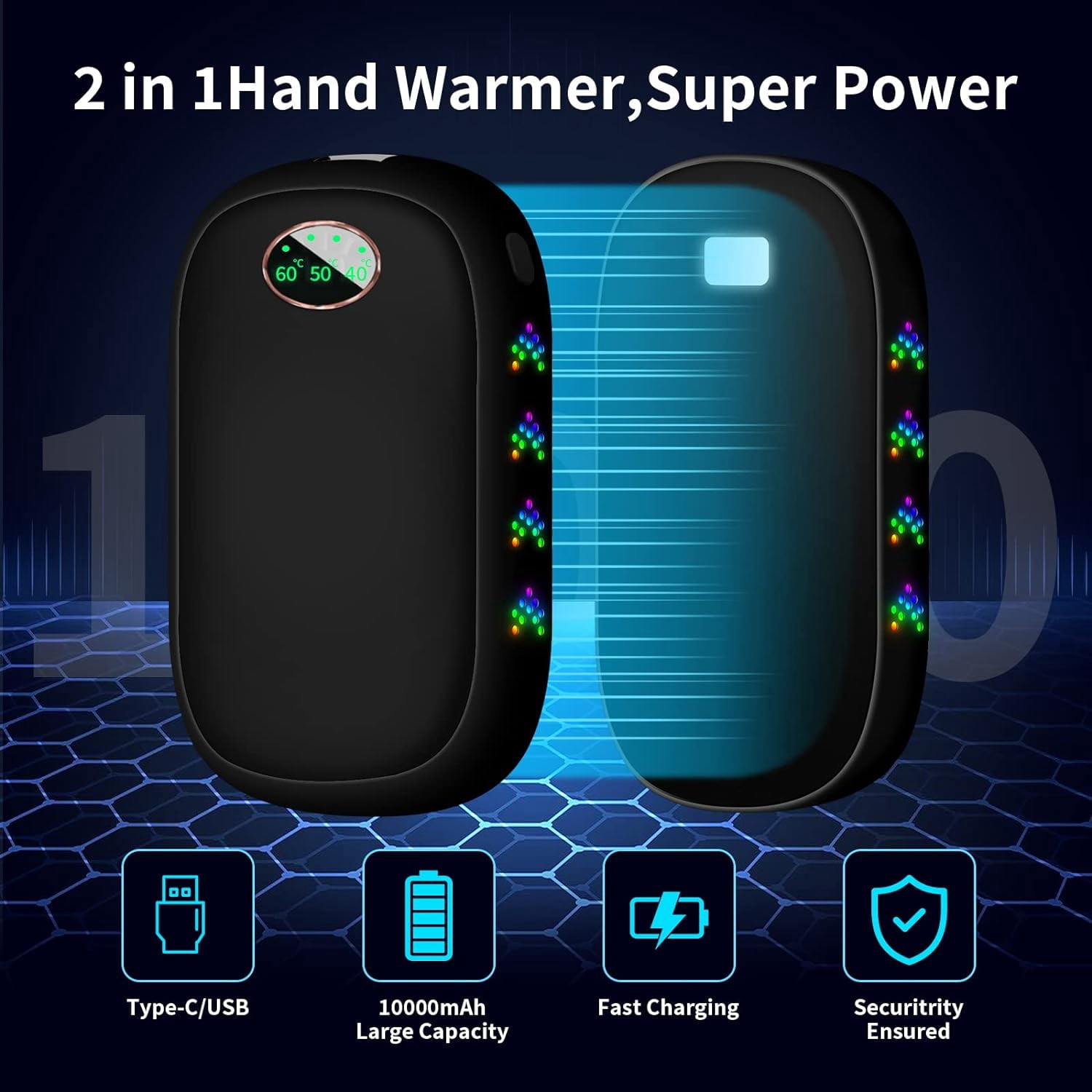 Hand Warmers Rechargeable 2 Pack, Magnetic Double-Sided Heating Electric Hand Warmers 10000mAh, 3 Heat Levels, Max 140℉, Ideal Men Gift for Golf/Hunting/Camping/Fishing