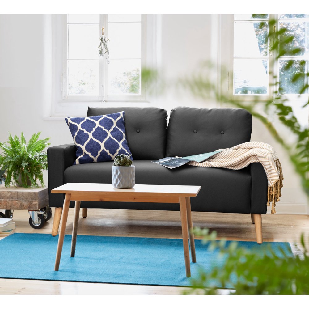 Walnew MidCentury Loveseat Button Tufted 2 Seater Sofa with Black Faux