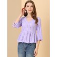 thumbnail image 3 of Blusa liviana de encaje sólido Allegra K cuello en V manga 3/4 peplum Púrpura M, 3 of 6