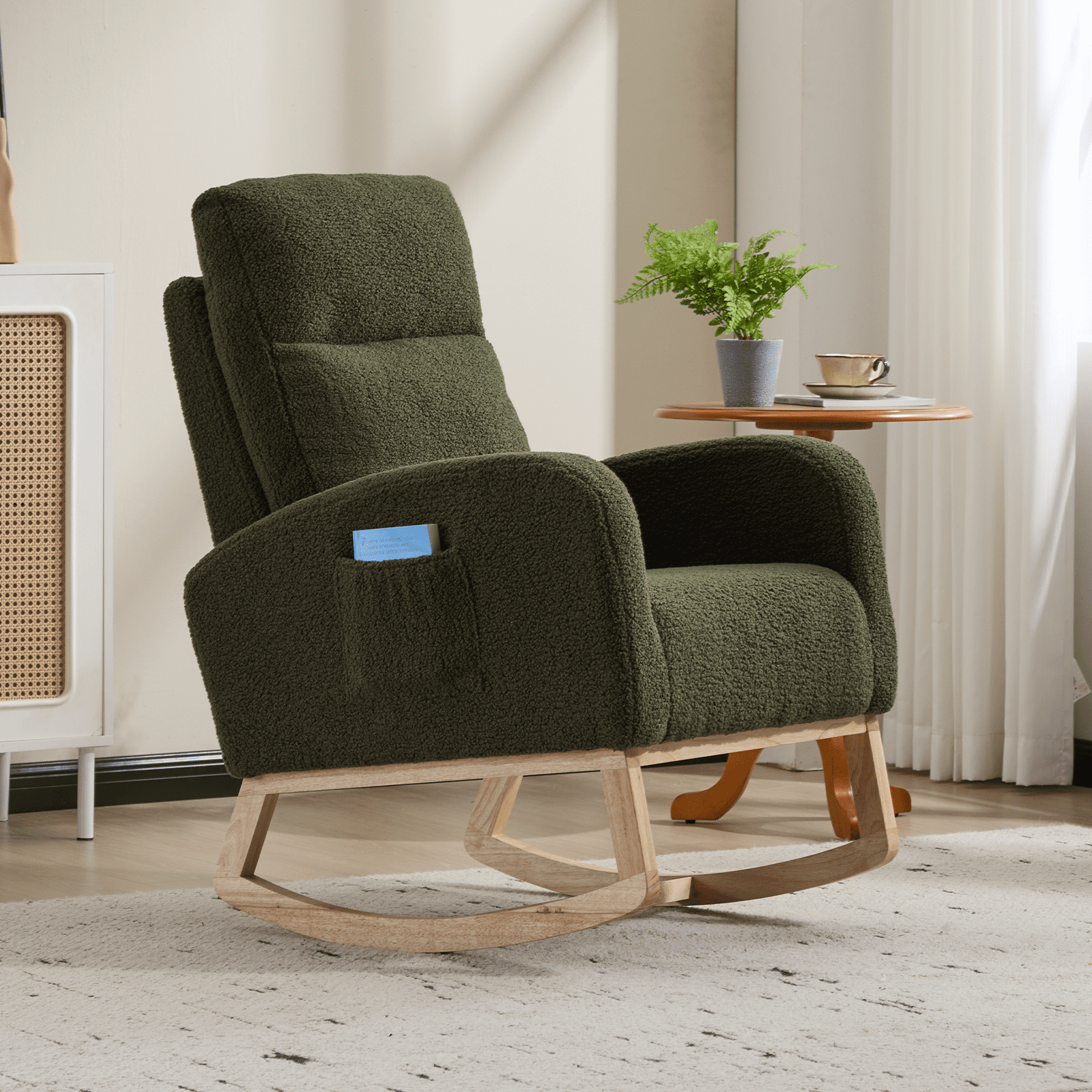 FFZ Modern Accent Rocking Chair Solid Wood Legs Upholstered Nursery Glider Armchair Side Pocket Green