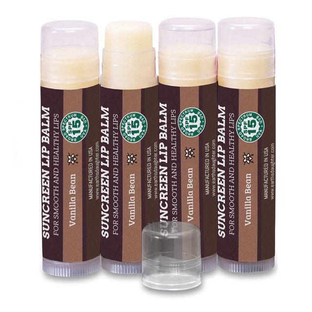 Bálsamo labial SPF, paquete de 4 de Earth's Daughter - Protector solar para labios SPF 15 Ingredientes orgánicos Sabor a vainilla Cera de abejas Aceite de coco Vitamina E - Hipoalergénico Sin parabeno