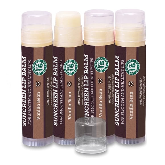 Bálsamo labial SPF, paquete de 4 de Earth's Daughter - Protector solar para labios SPF 15 Ingredientes orgánicos Sabor a vainilla Cera de abejas Aceite de coco Vitamina E - Hipoalergénico Sin parabeno