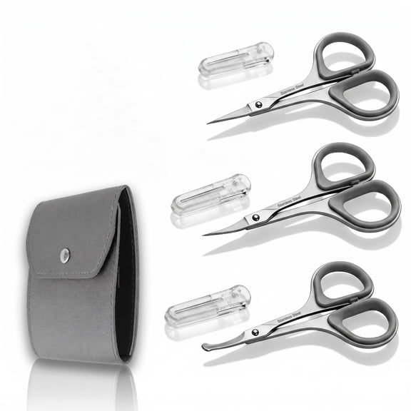 Small Beard Mustache Facial Nose Hair Scissors Set with High Precision Tip Rubber Handle Grip with Safety Case and Leather Pouch