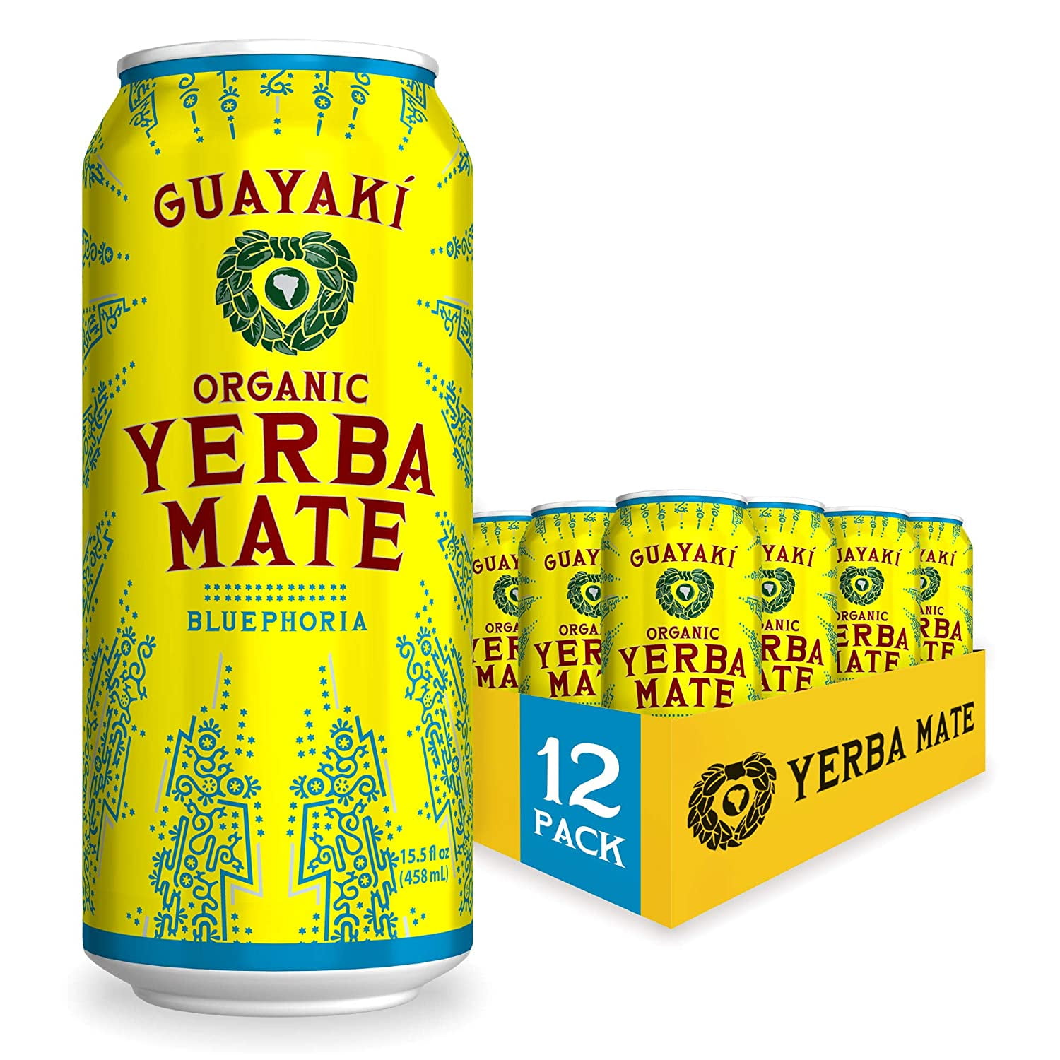 Guayaki Yerba Mate, Clean Energy Drink Alternative, Organic Bluephoria, 15.5oz Pack of 12, 150mg Caffeine
