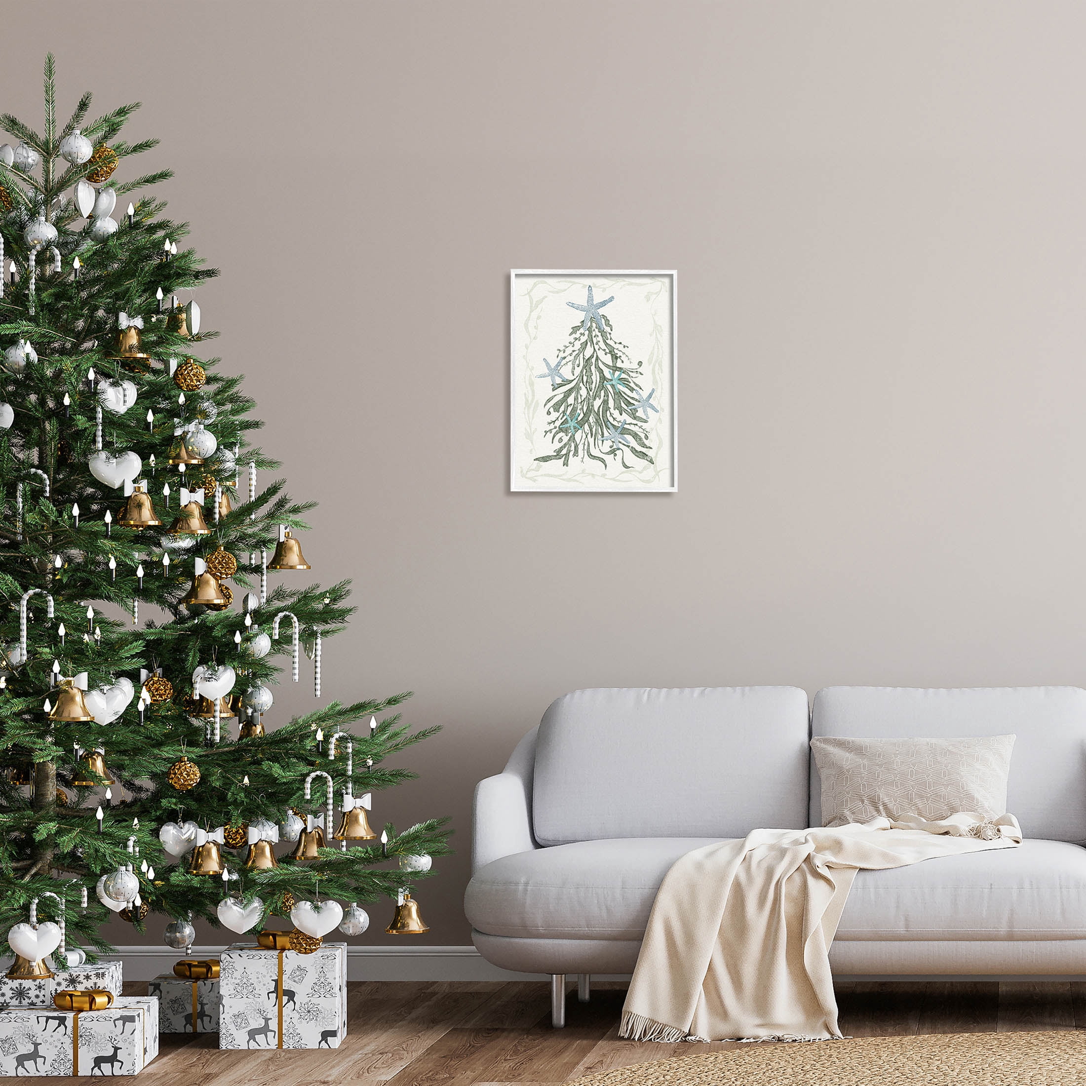 Nautical Christmas Tree Sea Life Holiday Graphic Art White Framed Art Print Wall Art