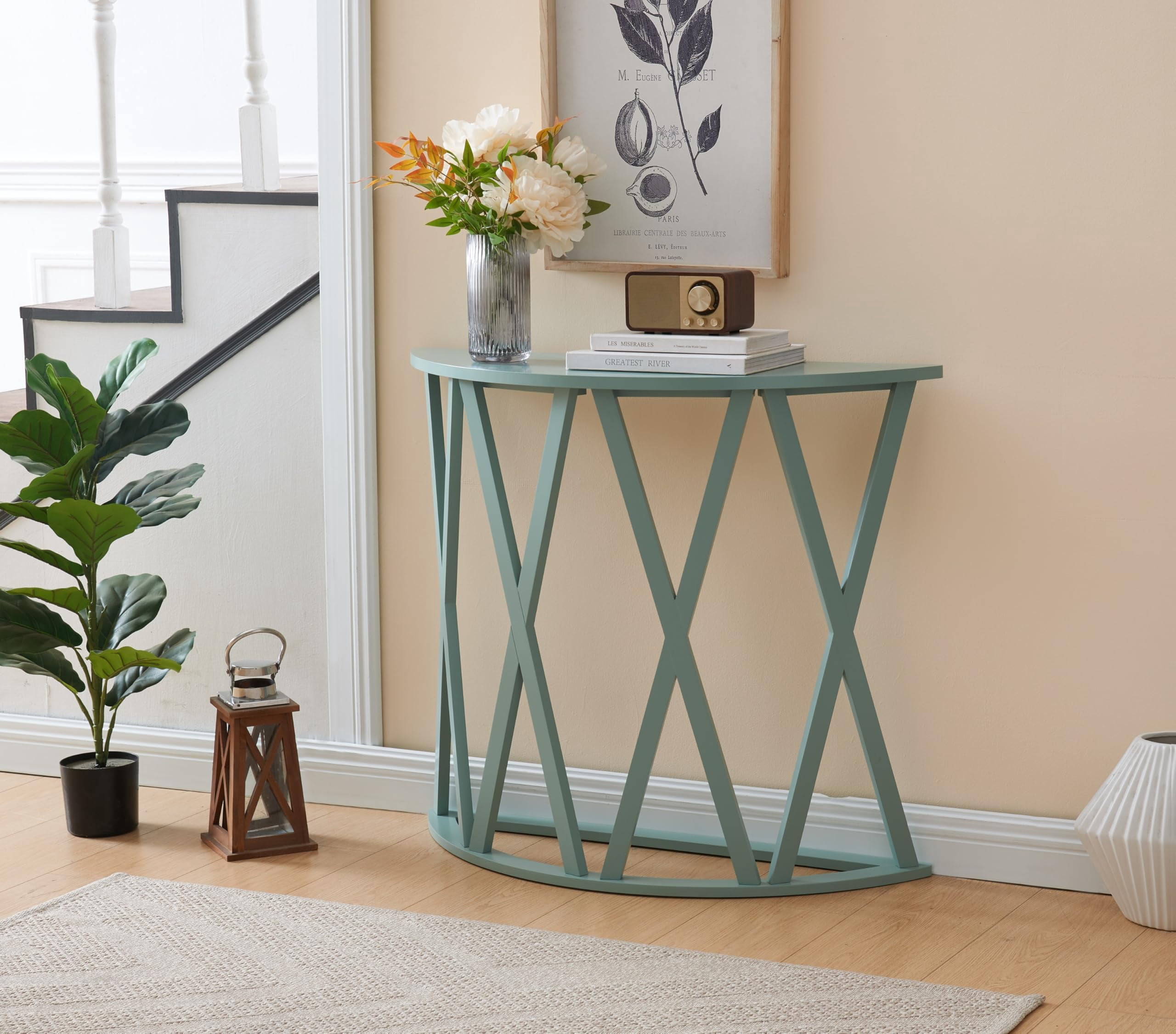 Kings Brand Furniture Vienna Half Moon Wood Console Table for Entryway, Accent Sofa Table for Living Room, Hallway, Foyer, Entrance, Ice Blue