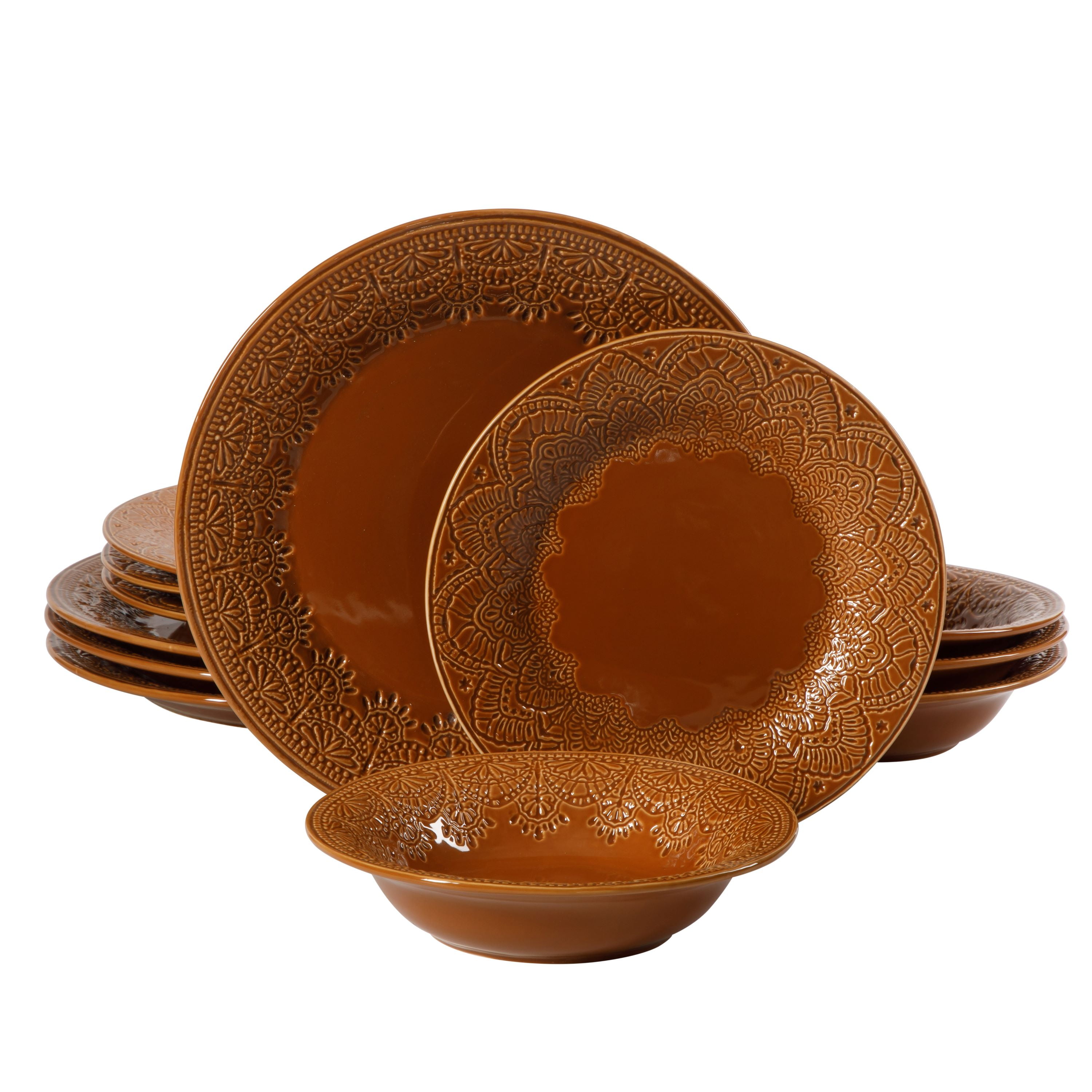 The Pioneer Woman Vintage Lace 12-Piece Ceramic Dinnerware Set, Caramel