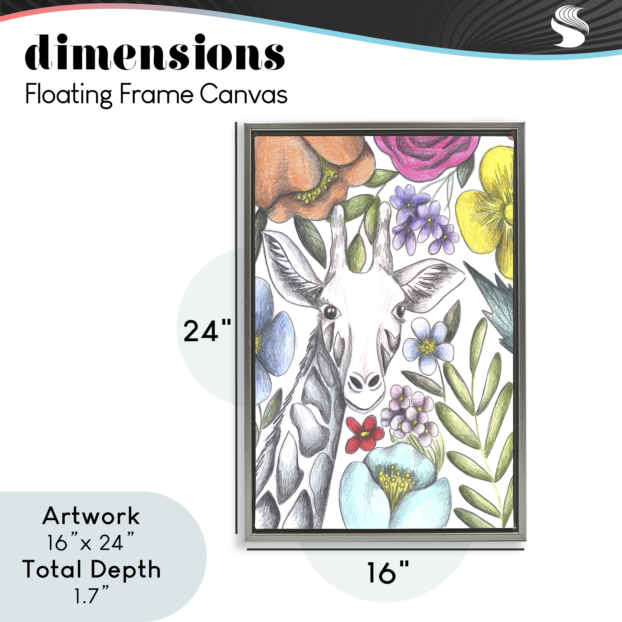 Giraffe In The Midst of Flowers Gray Framed Floater Canvas Wall Art, design by Cecilia Battaini