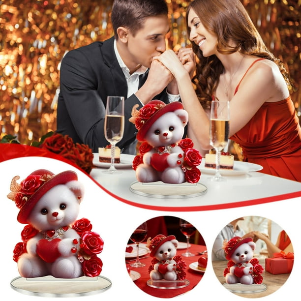 Adorno acrílico de osito de peluche rosa de San Valentín | Gorro rojo, decoración transparente de 7,9 pulgadas a prueba de fracturas | Mesa romántica, árbol, decoración de ventana