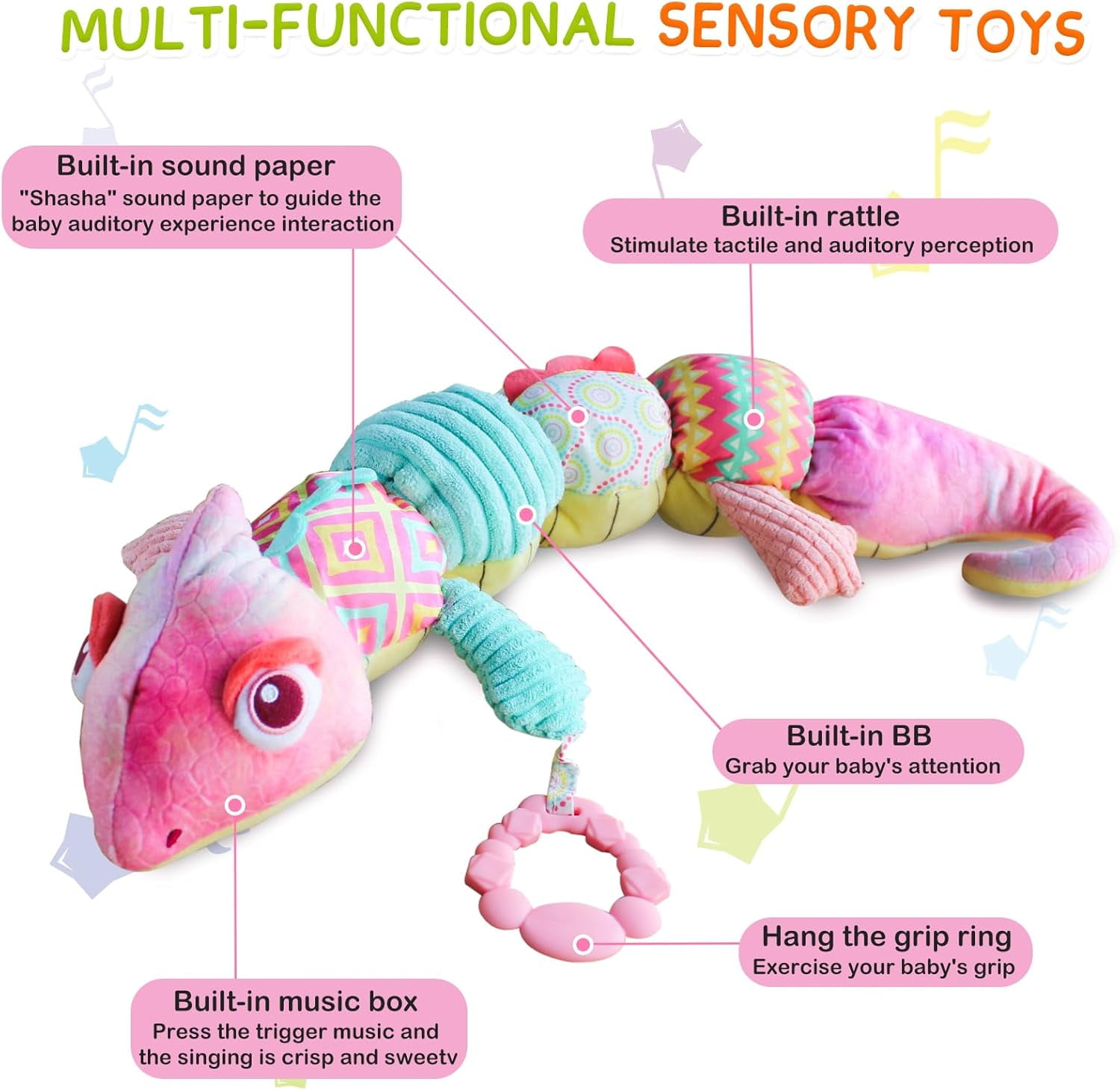 Newborn Baby Toys 0-12 Months - Musical Stuffed Dinosaur Plush, Multi-Sensory Crinkle Rattles & Textured Design, Tummy Time Early Development Gift for Infant