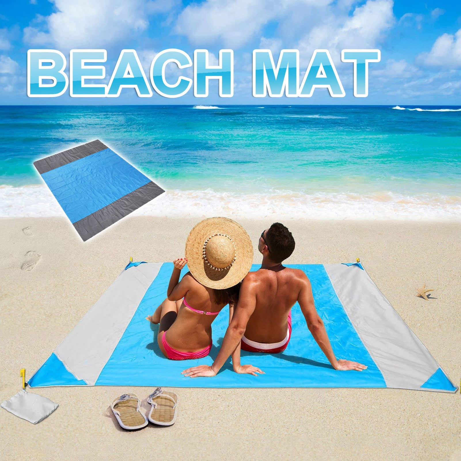 Yesbay Sand Beach Mat Washable Moistureproof Beach Blanket for Beaches Camping Hiking Picnic Blue Grey 200x210cm