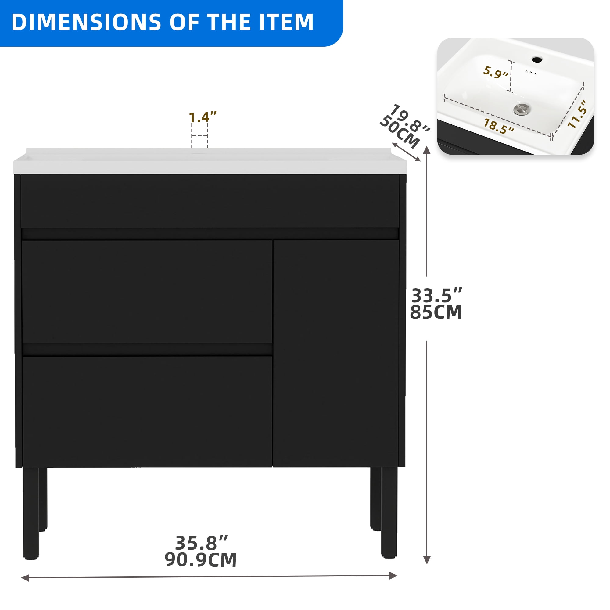 Dextrus 36 Inch Bathroom Vanity with Undermount Sink, Free Standing Bathroom Storage Cabinet with Drain, Black