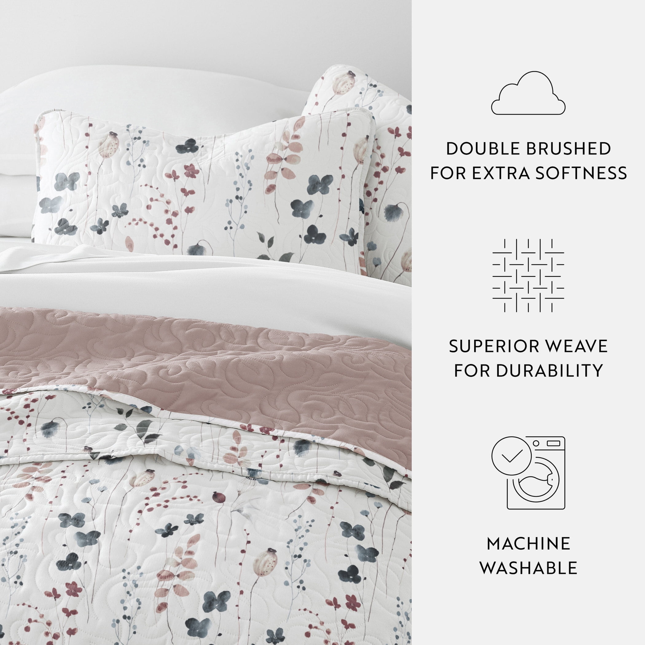 Noble Linens 3-Piece Mauve Poppy Bloom Reversible Quilt Set, Twin