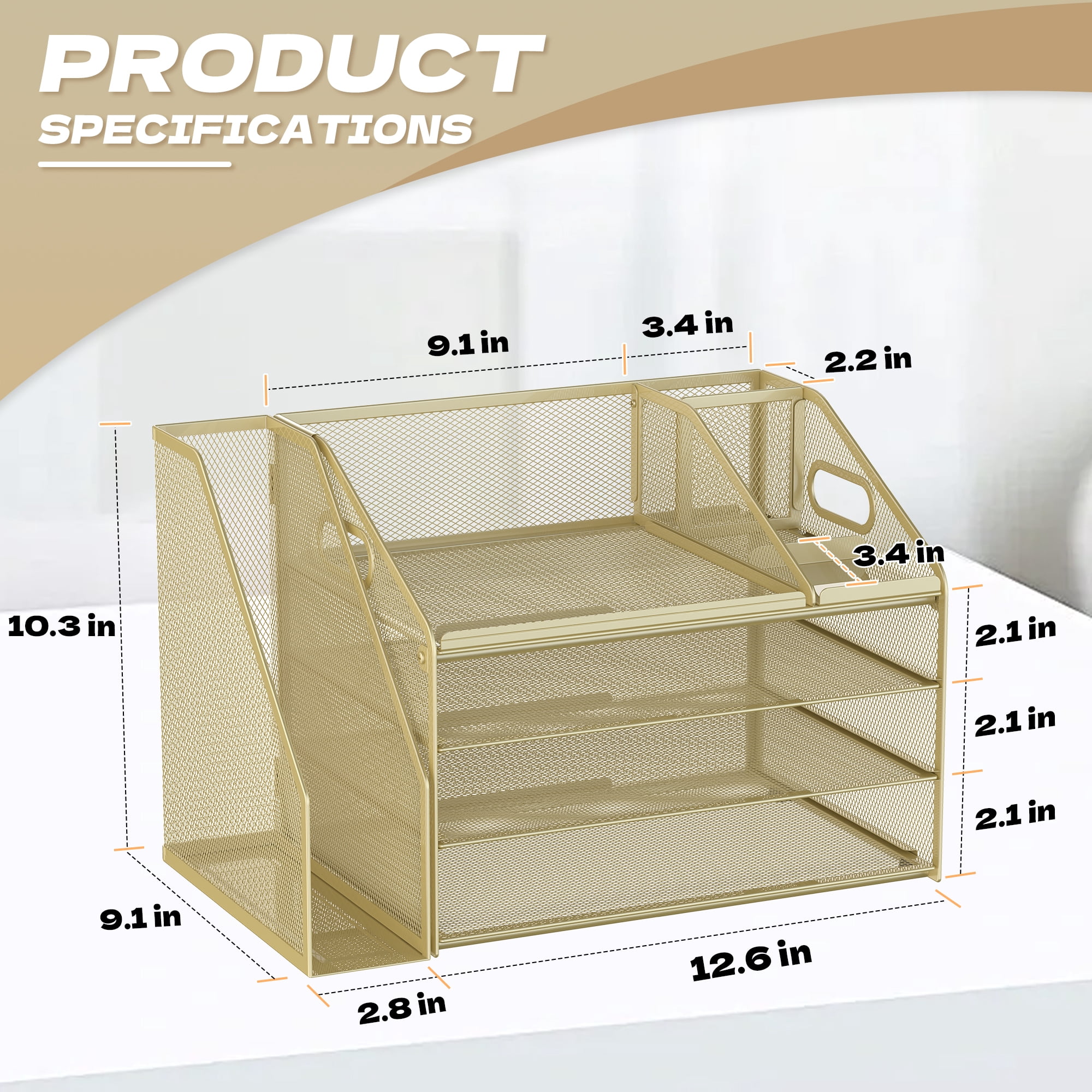 Yinghua 4-Tier Paper Letter Tray File Organizer, Mesh Desk Organizer with Handle & Pen Holder, Office Workspace Storage - Golden Yellow