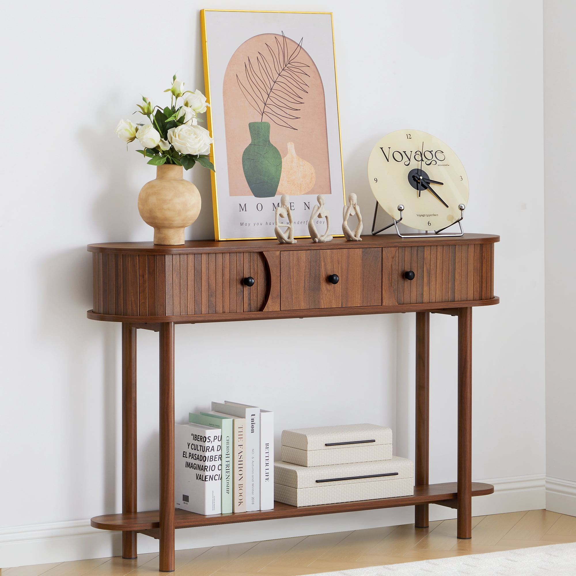 LEFHDA 47.2" Fluted Console Table with Drawers & Tambour Door, Narrow Entryway Sofa Table with Storage for Hallway, Living Room Behind Couch - Rustic Brown