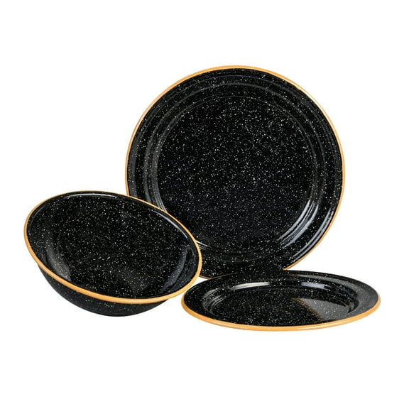 Granite Ware 3-Piece Camping Bowl & Plate Set for Outdoors, Speckled Black - Durable Steel Dinnerware for Outdoor Dining, Backyard Living, Travel Meals - Unbreakable & Reusable for Dinner/Dessert