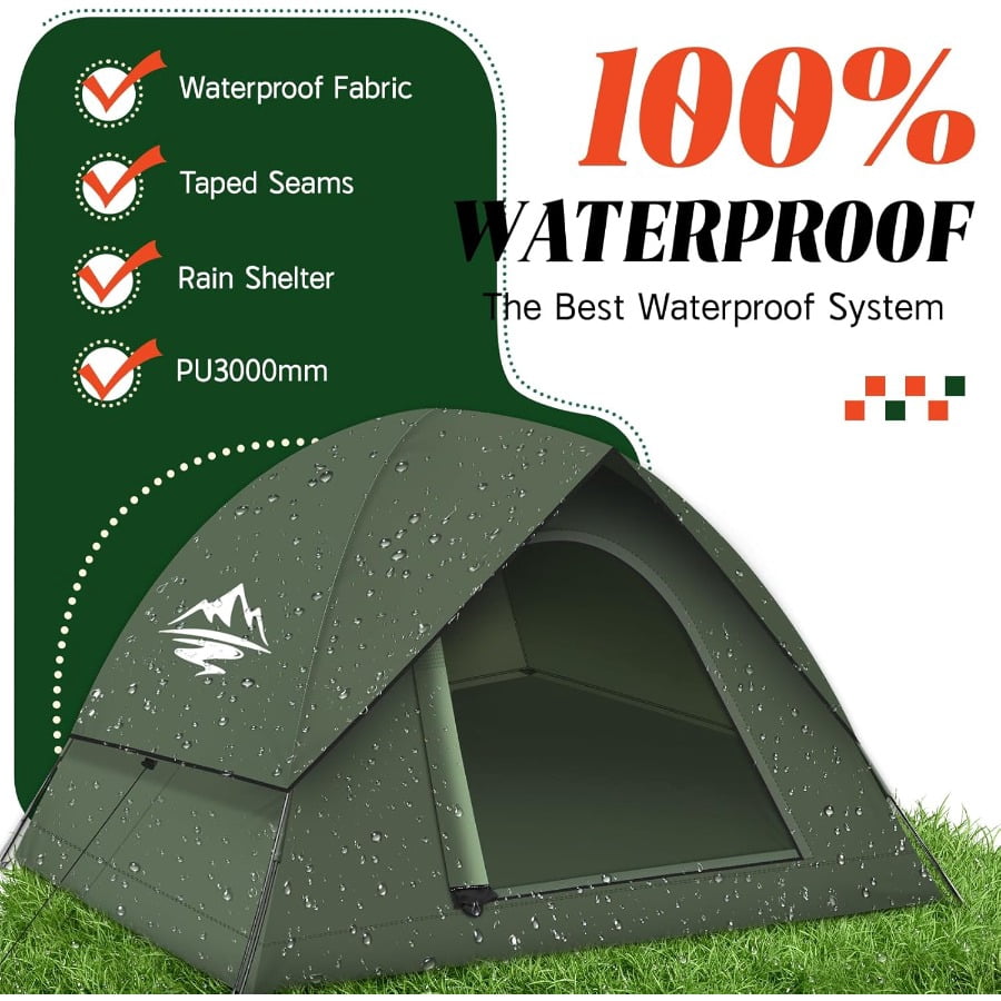 "3-4 Person Dome Tent for Camping with Rainfly | Waterproof & Windproof | Spacious for 2 | Easy Setup | Backpacking Tent for Outdoor Adventure & Backyard Use"