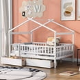 thumbnail image 2 of Full Size Montessori Bed with Two Drawers for Kids, Wood Floor Bed Frame, House Bed Frame with Fence & Roof, Solid Wood Playhouse Bed Storage Bed, for Girls Boys Teens, White, 2 of 7