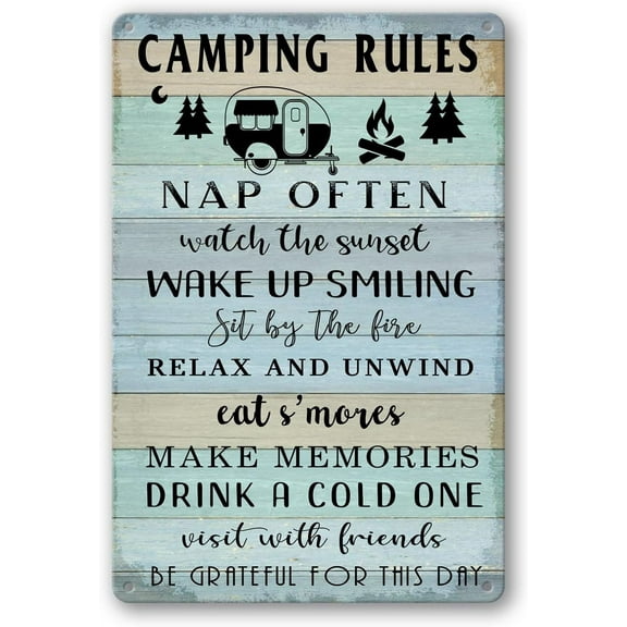 ASPORIC Camping Decor For Camper Camping Rules Sign Metal Tin Signs Lake Camper Door Decorations For Inside Funny Camping Themed Decor Rv Wall Art Decor Cabin Sign 12 X 8 Inch