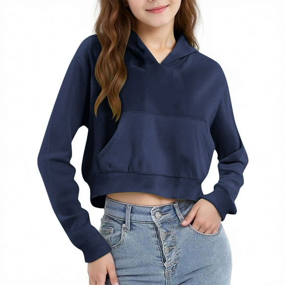 IVEYRTF Girls Cropped Hooded Sweatshirt Long Sleeve Sport Jacket with Pockets Casual Outerwear for Cool Weather Comfortable Pullover for Active Play and Outdoor(Navy,7 Years)