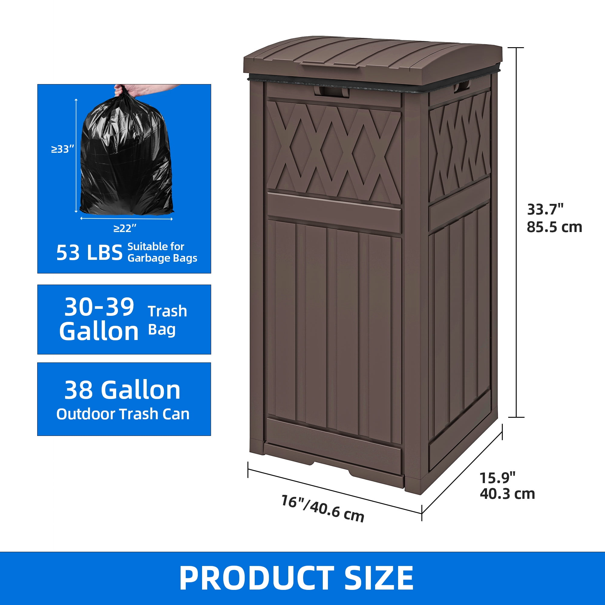 Dextrus 36 Gallon Outdoor Trash Can, Waterproof Resin Garbage Bin with Drip Tray & Lid, Trash Bin,for Porch, Backyard, Dark Brown