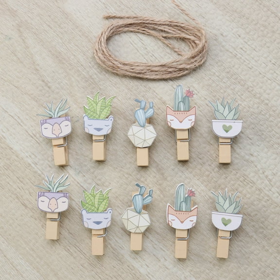 LEORX 10Pcs Mini Clips for Photos in Assorted Color with Hemp Rope for Wall Decoration