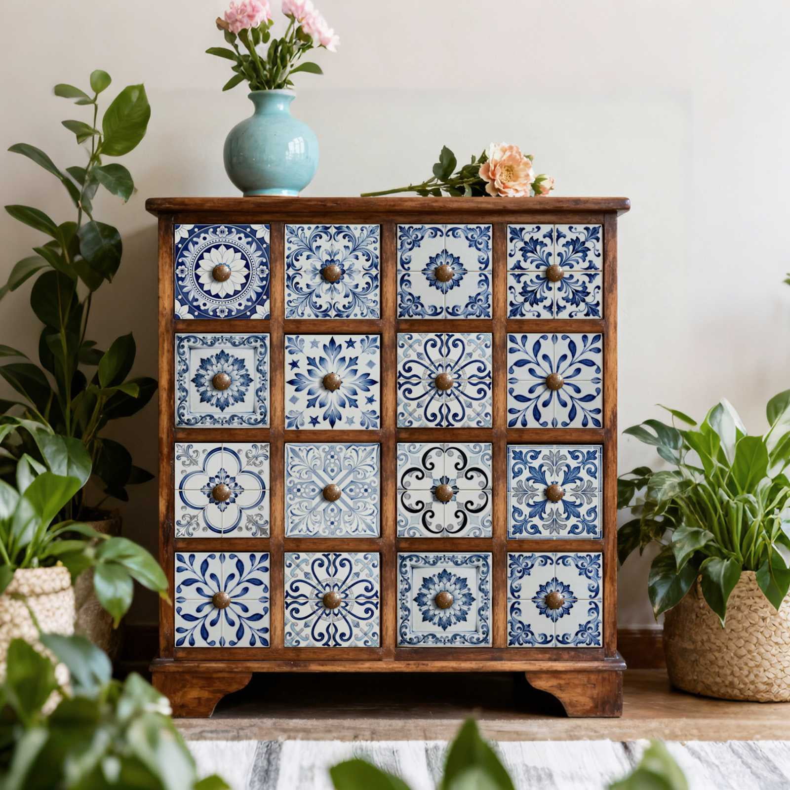 24PCS Mediterranean Style Peel and Stick Wall Tile Decals - 6"x6" Vintage Waterproof Vinyl Moroccan Bohemian Stickers for Kitchen Backsplash, Bathroom, Stair Riser Decor