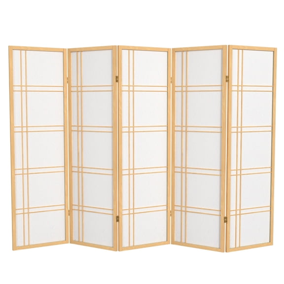 5 ft. Tall Natural Double Cross Lattice Shoji Screen Room Divider with Adjustable Folding Panels - 5 Panels