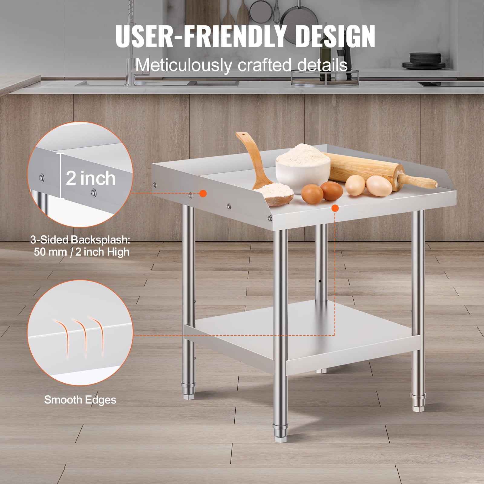 KFFKFF Metal Prep Table, 24x24x26 In, Stainless Steel, Kitchen Workstation with 3-Sided Splash Guard, Adjustable for Restaurants, Homes, Hotels