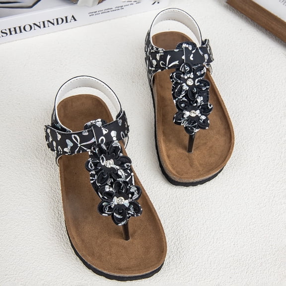 BUWTTER Girl's Sandals Summer Large Sized Casual Open Toe Floral Slip On Cork Lightweight Beach Flip Flops Black Sandals Size 3-3.5 Y