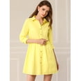 thumbnail image 3 of Vestido camisero Allegra K informal con pliegues manga 3/4 botones amarillo M, 3 of 6