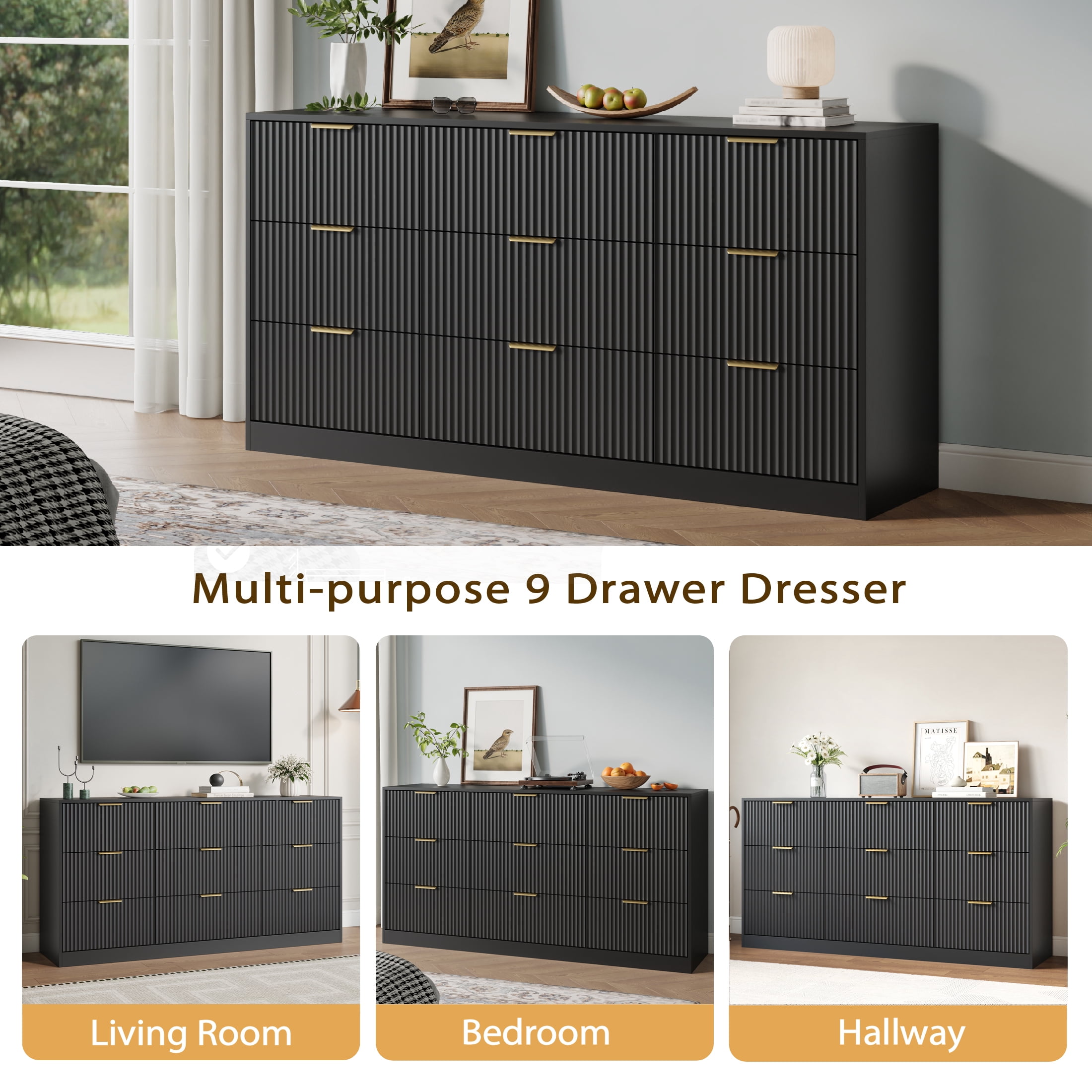 YouTrend Black 9 Drawer Dresser for Bedroom,Modern Adult Fluted Wood Chest of Drawer with Golden Embedded Handles for Living Room,Hallway