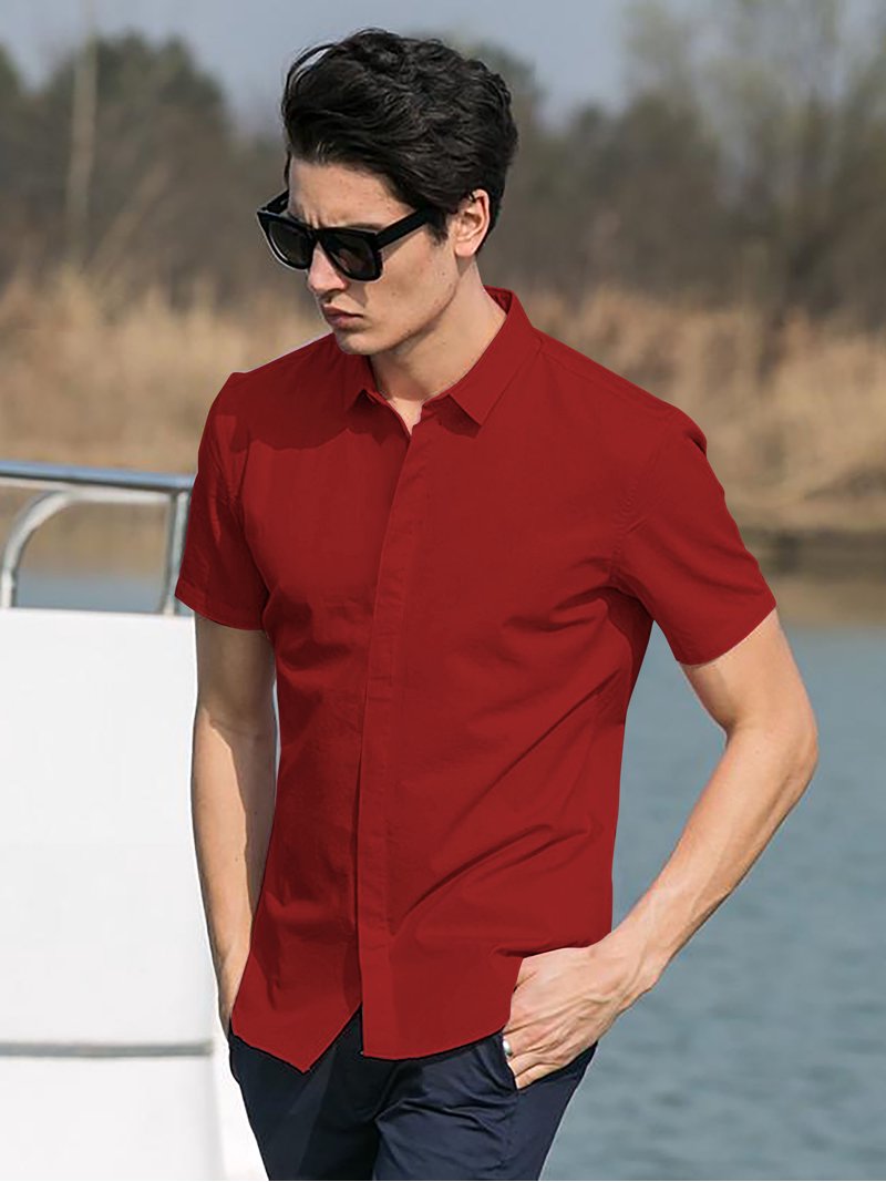 mens urban dress shirts Ma Croix Men's Basic Urban Slim Fit Short Sleeve Dress Shirts, Size: 2XL, Red