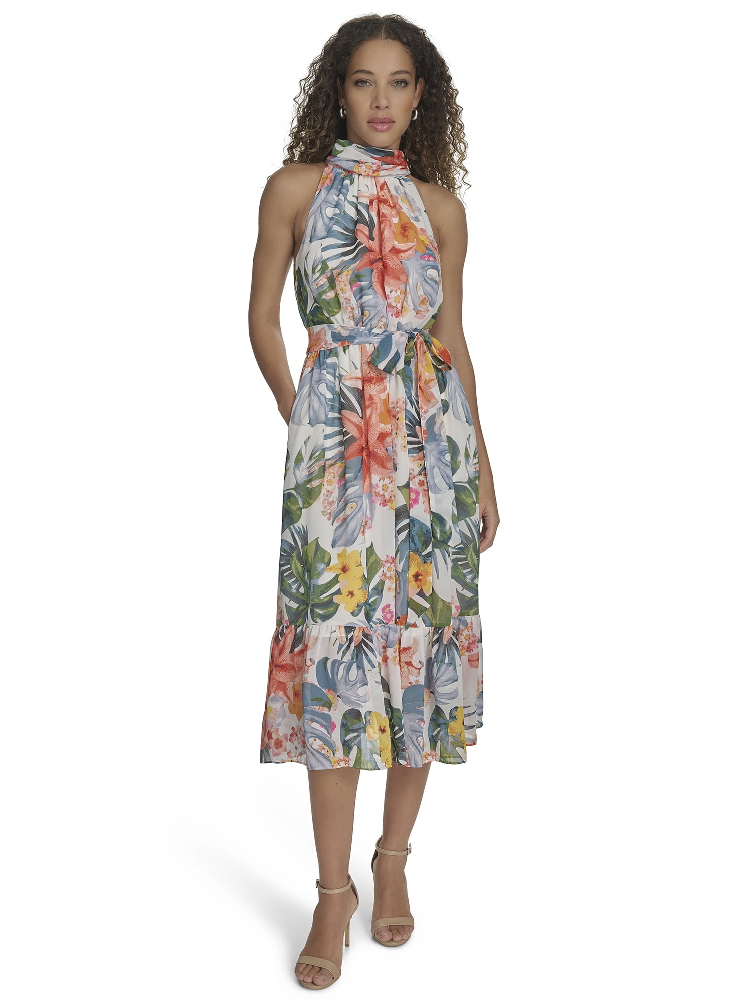 Falling Flowers Women's Chiffon Mock Neck Sleeveless Midi Dress, Sizes XS-XL