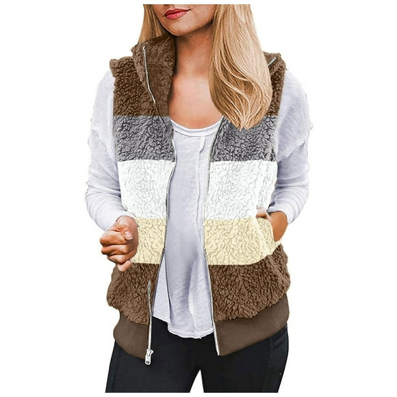 Virmaxy Womens Winter Sherpa Fleece Vest Color Block Fuzzy Fleece Coat Sleeveless Full Zip up Mock Neck Plush Jacket Warm Winter Coat Outerwear Brown 2XL