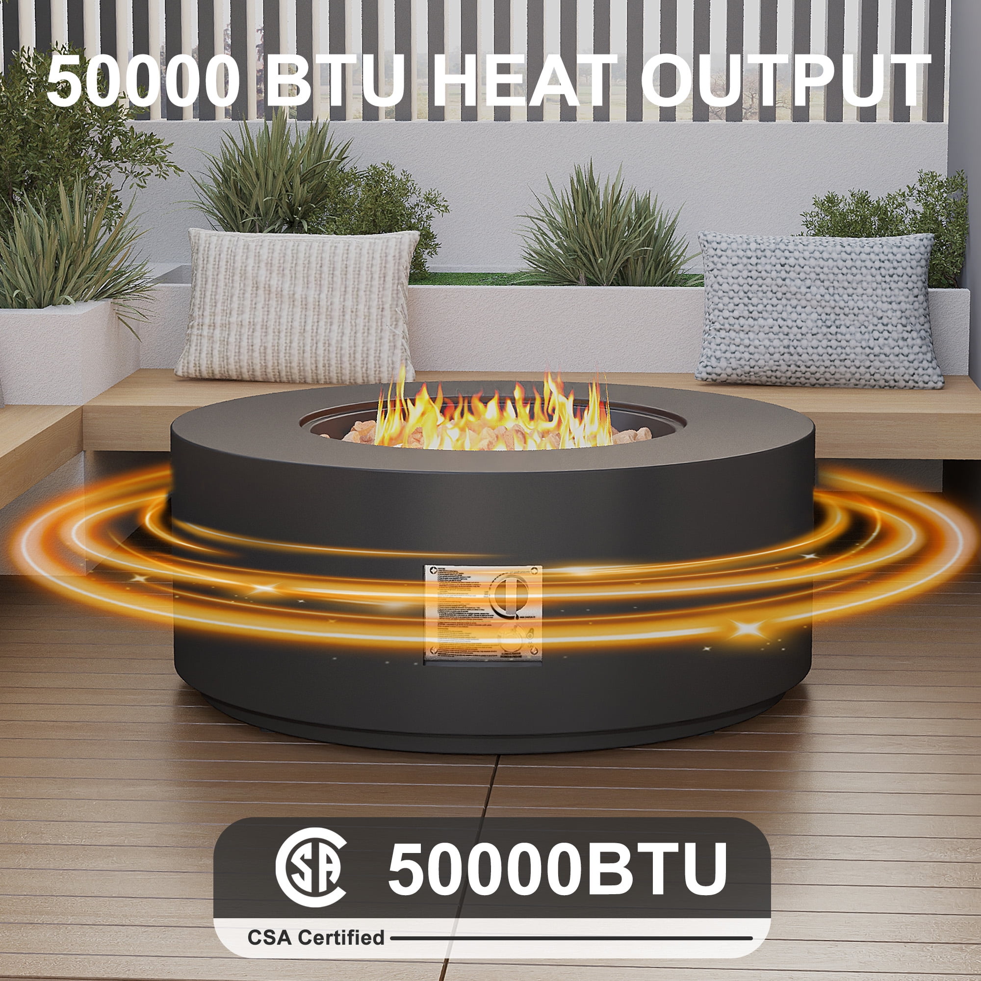 HongTaoK 32.5" Round Propane Fire Pit Black 50K BTU with Lava Rocks, and Eco-friendly, Black