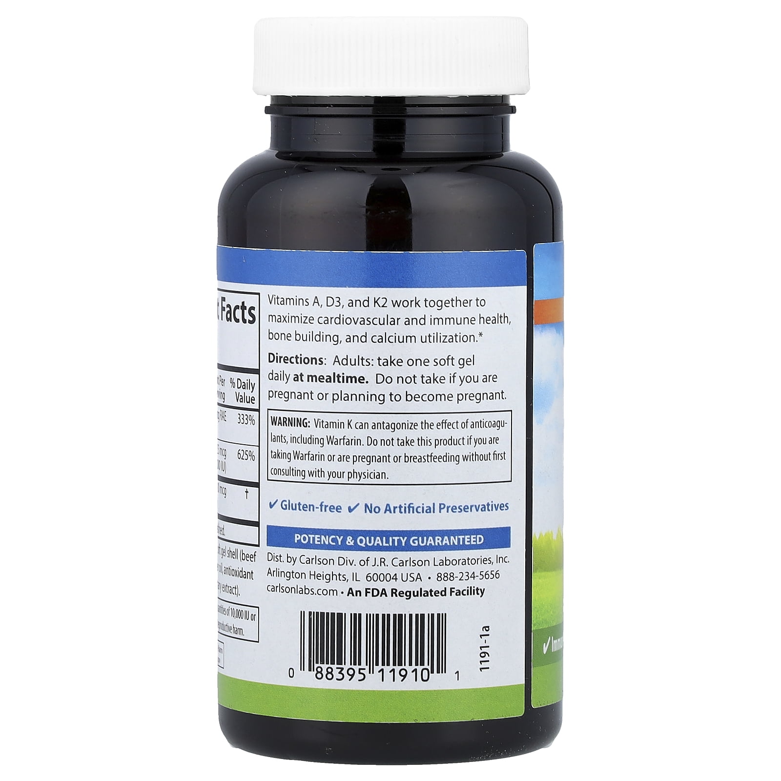 Carlson Vitamins A - D3 - K2, 120 Soft Gels