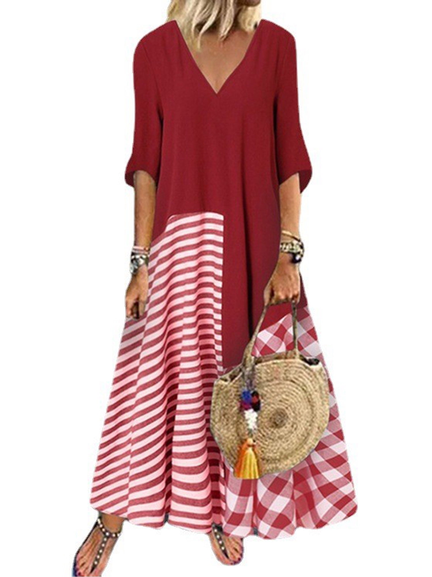 FASHIONWT Women Plus Size VNeck Short Sleeve Check Print Dress Long