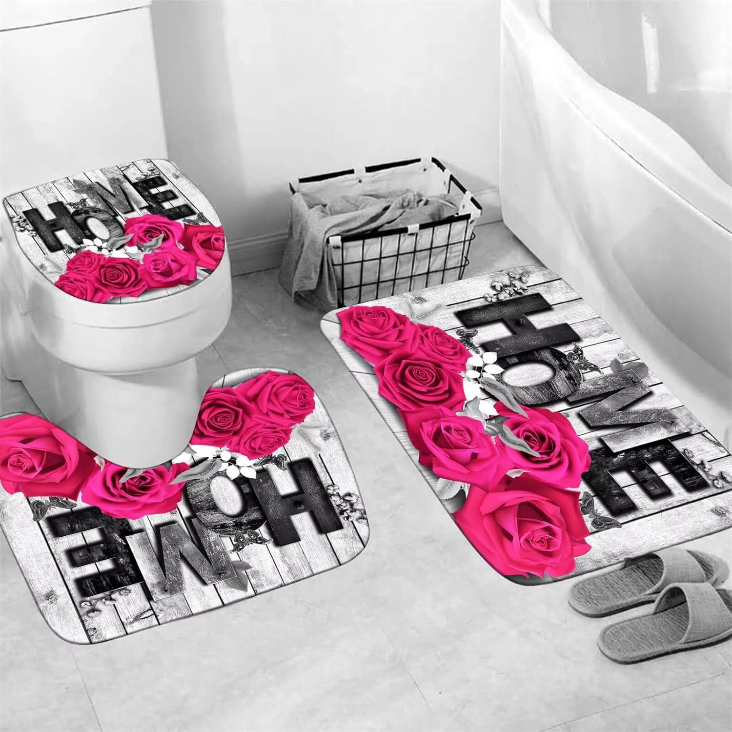 Red Rose 4 Pcs Shower Curtain Sets Non-Slip Rugs Bath Mat Toilet Cover U Shaped Mat Black Red Shower Curtain with 12 Hooks Red Rose Bathroom Set