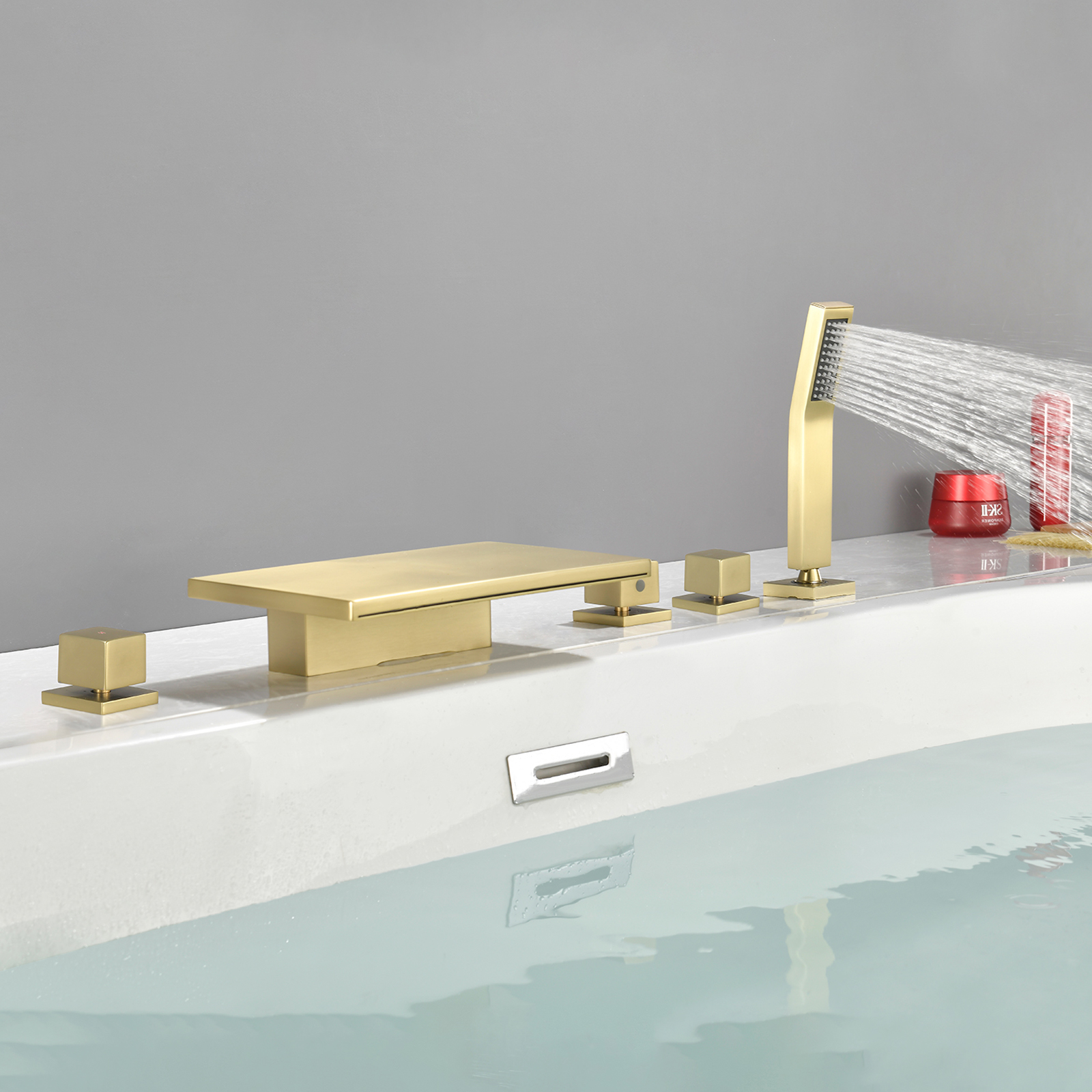 Cobbe Bathroom Faucet Set with Handheld Sprayer and 10.24-Inch Wide Waterfall Spout 5-Hole Mount Bathtub Faucet Brushed Gold